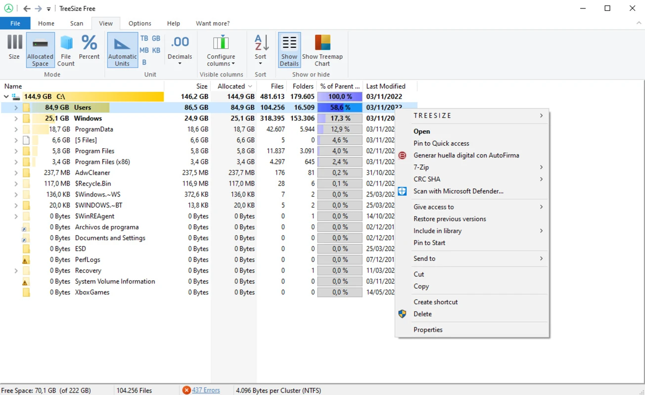TreeSize Pro screenshot: disk space breakdown